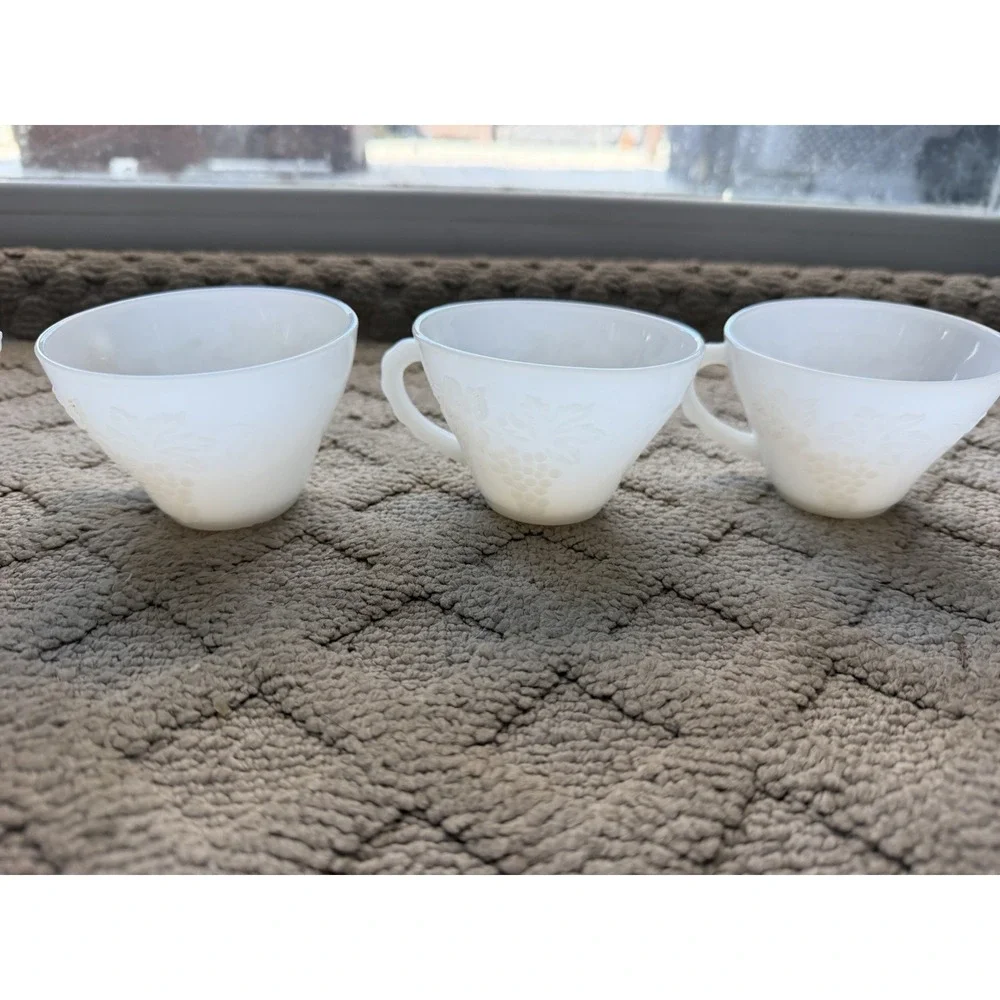 6 White Punch Cups Anchor Hocking Milk Glass Grape Pattern